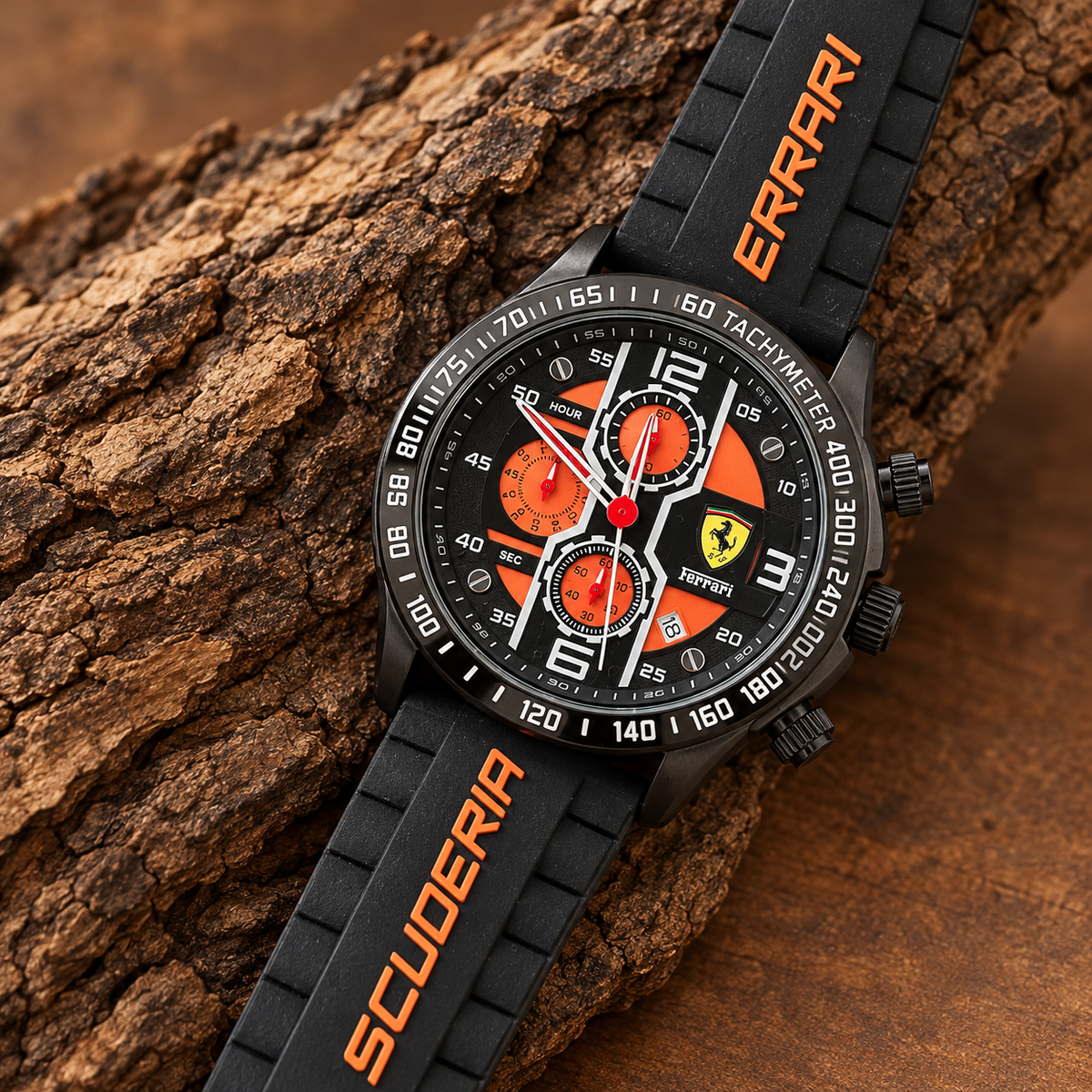 Ferrari negro y naranja con malla negra