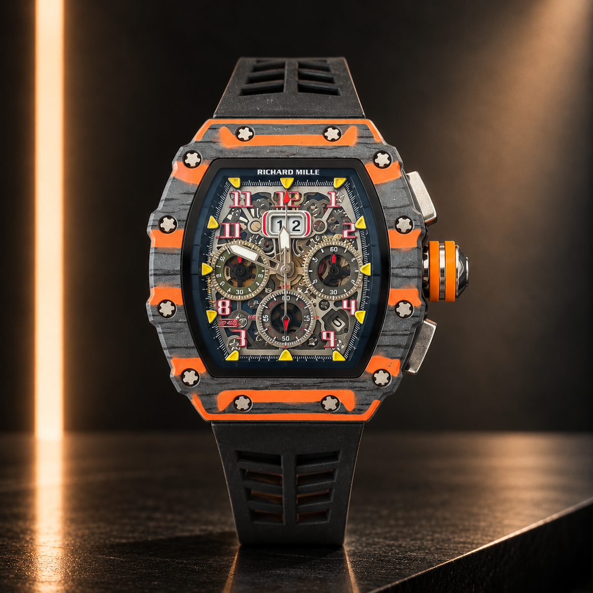 Richard Mille gris y naranja con malla negra