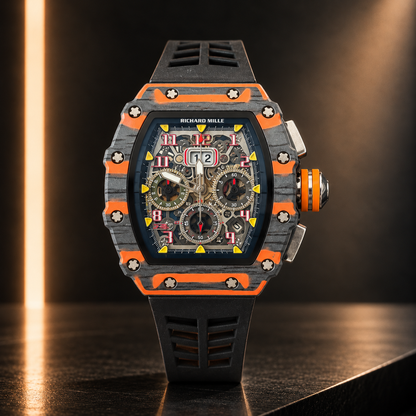Richard Mille gris y naranja con malla negra