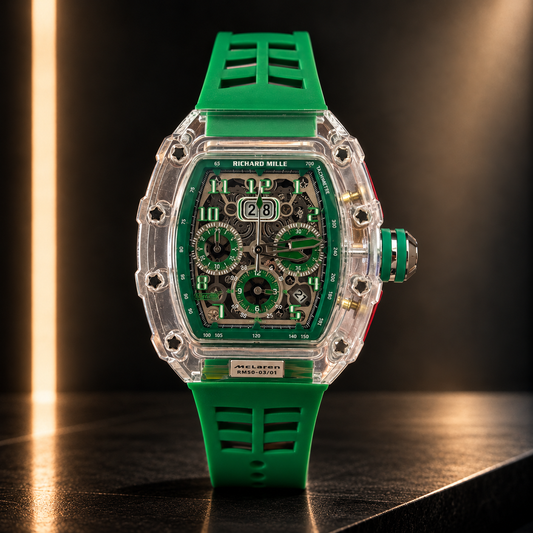 Richard Mille caja transparente con dial y malla verdes