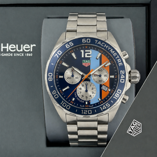 TAG Heuer modelo 4 con franjas, sin logo Gulf en el dial