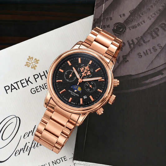 Patek Philippe oro rosa, dial negro y malla metálica