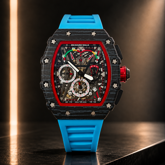 Richard Mille negro con interior rojo y malla celeste